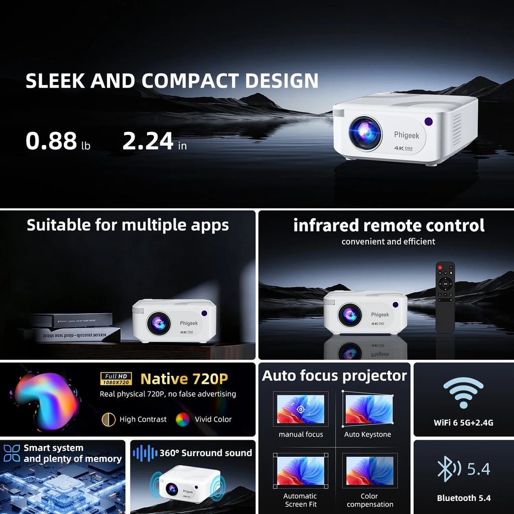 Mini Projector 300 ANSI Android11 Dual WiFi6 BT5.0 4K 720P Built-in App 1080P Video Home Cinema SmartPhone Digital Projector
